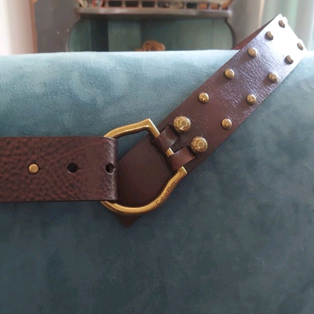 Calvin Klein Studded Rivets Wide Brown Leather Belt Medium 38"-40"
